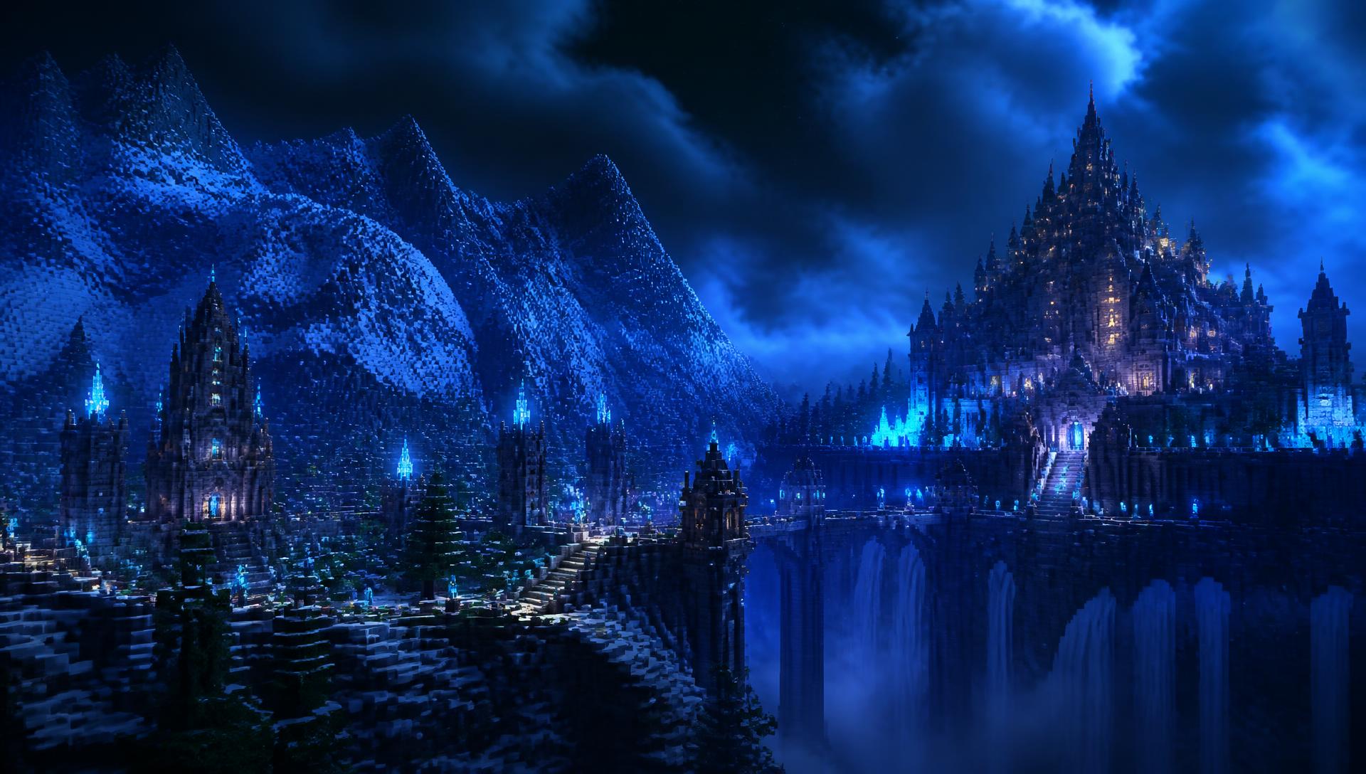 Cinematic MercSMP Minecraft world with blue lighting and medieval builds